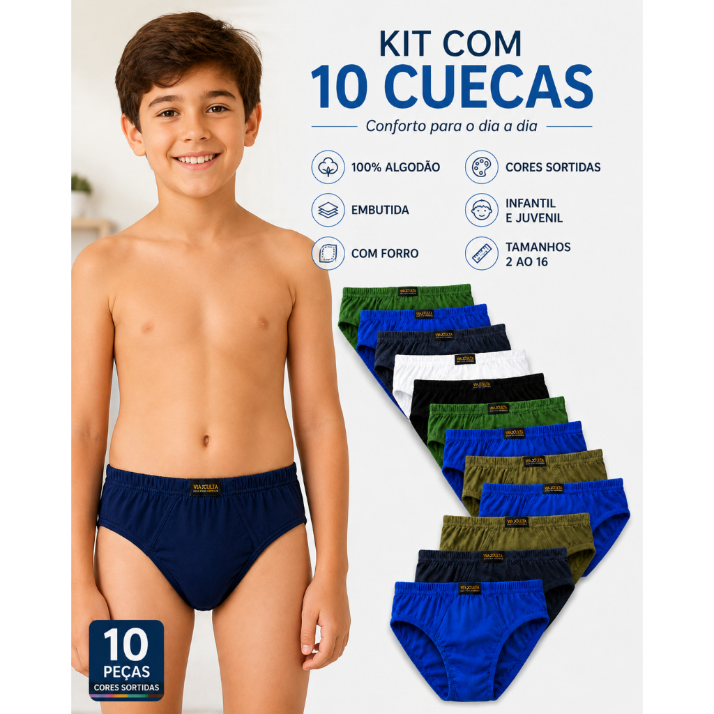Kit 10 Cuecas Infantil Juvenil Menino Slip 100% Algodão Com Forro Cores Sortidas Tam 2 ao 16