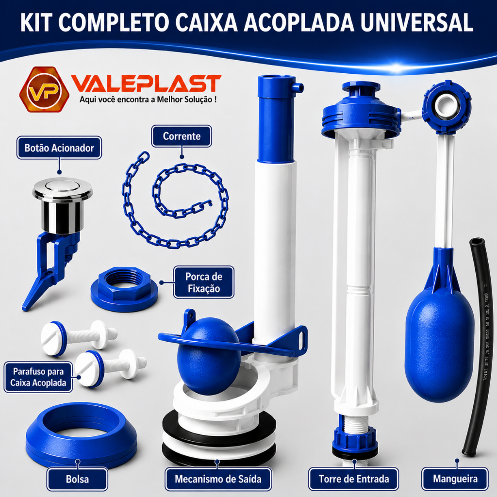 Kit Completo Mecanismo Universal Caixa Acoplada Bóia Reparo Descarga Banheiro Acionamento Superior Lateral Banheiro