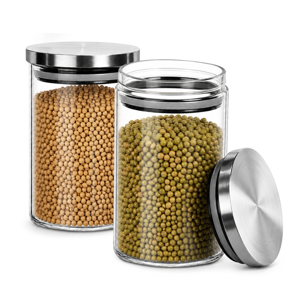 Pote de Vidro Redondo Transparente para Mantimentos C Tampa de Inox 700ML