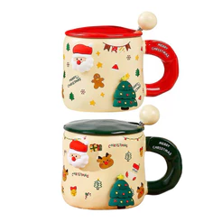 CANECA NATALINA CERÂMICA 450ML COM TAMPA COLHER E ÍMÃS PAPAI NOEL ÁRVORE DE NATAL DECORATIVA