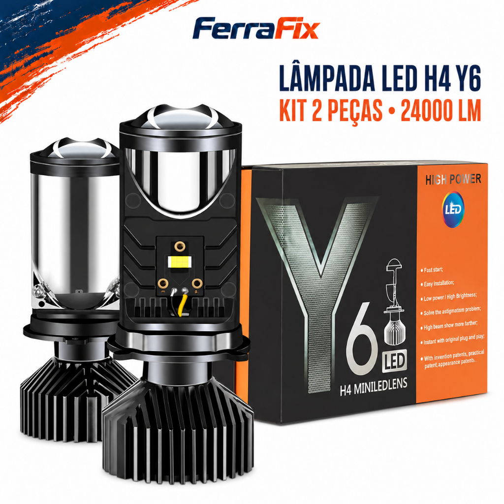 Kit LED H4 24000LM Mini Projetor Automotivo, Lâmpada de Farol Alto e Baixo para Carro com Lente