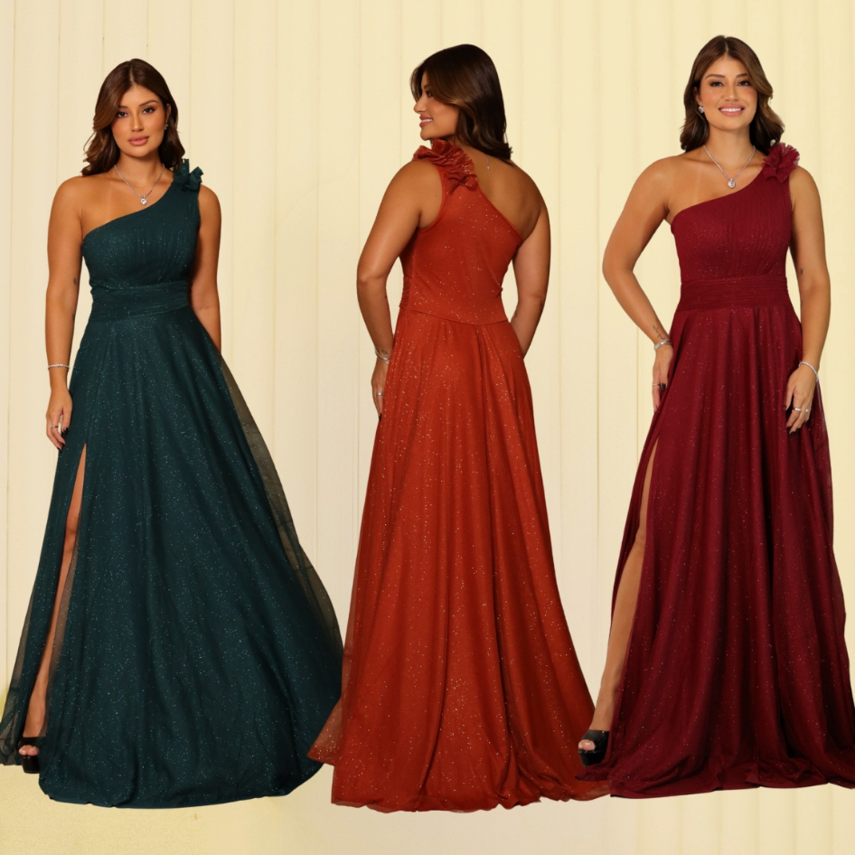 Vestido de Festa Feminino Casamento e Madrinha Um Ombro Tule Brilho/Glitter