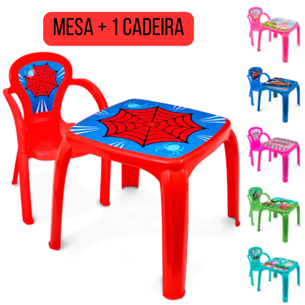 Kit Mesinha Mesa Infantil com 1 Cadeira Menino Menina Homem Aranha Princesa Baby Shark Carros