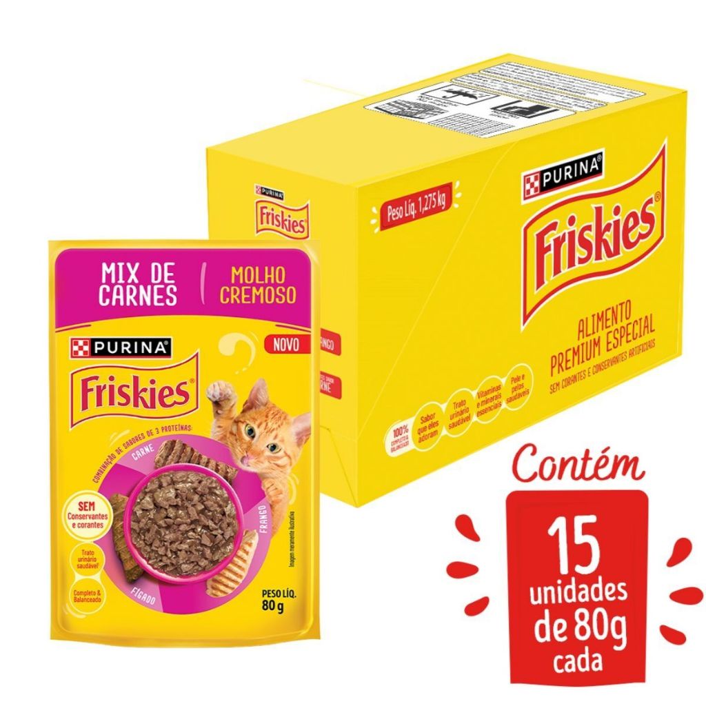 Ração Úmida PURINA FRISKIES® MOLHO CREMOSO para Gatos Adultos Mix de Carnes 80g - 15 Unid.