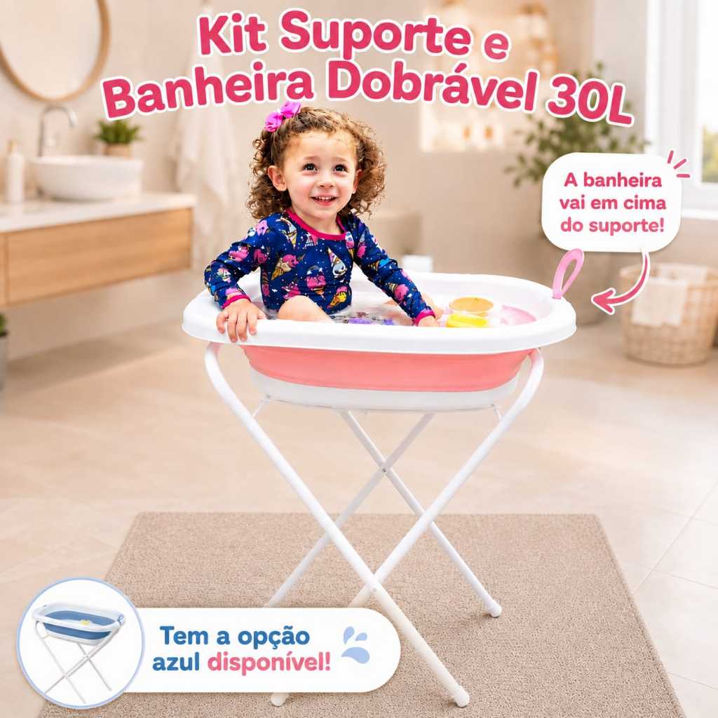 Kit Suporte + Banheira de Bebe Dobrável 30L Resistente Compacta Leve Design Anatômico