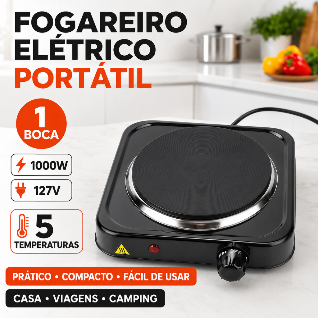 Fogareiro Elétrico Cooktop 5 Temperaturas 1 Boca 127v Fogão Portátil Pratico 1000w Camping