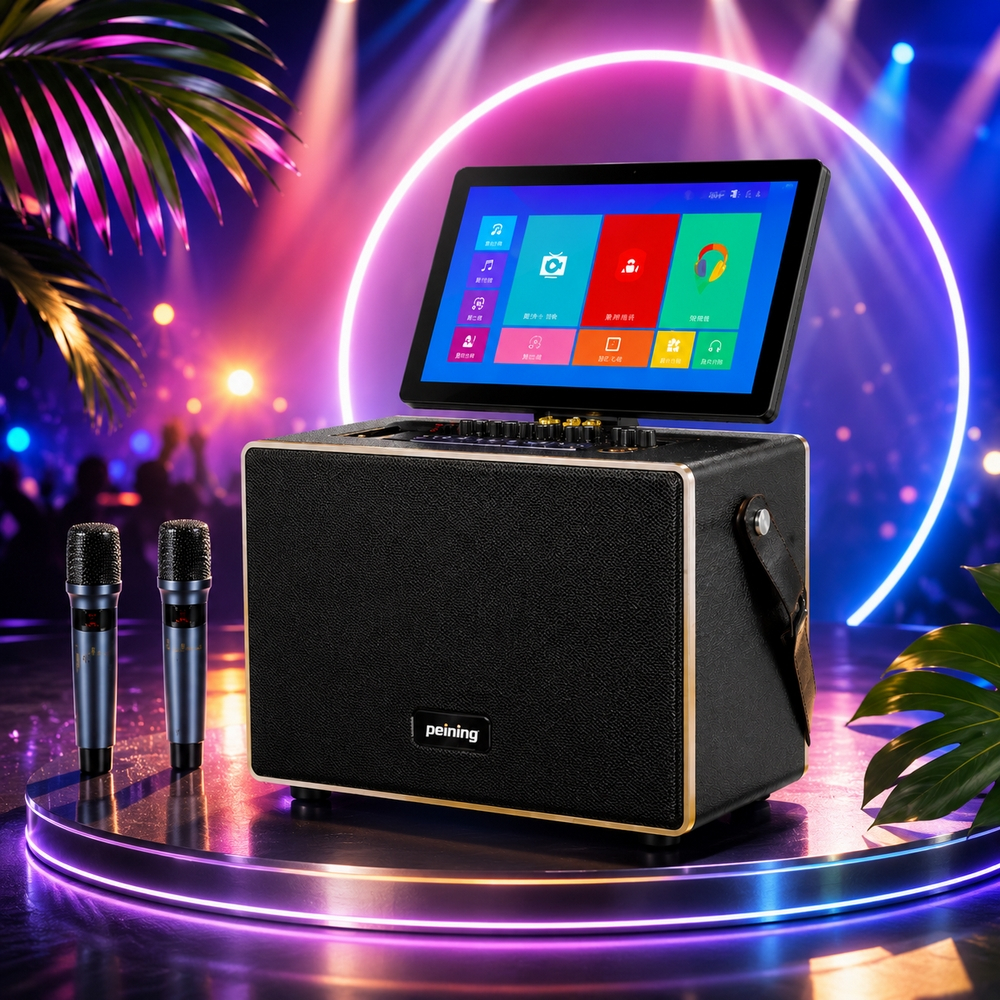 Caixa de Som Karaokê Bluetooth Peining PEI-VKS03 com Tela HD, 2 Microfones Sem Fio, Painel de Controle e Alça Portátil