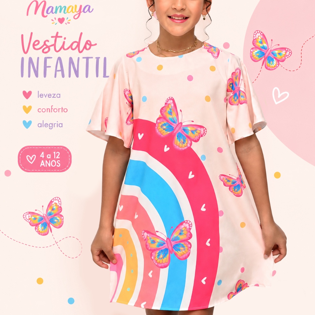Vestido Infantil/Juvenil  Localizado Manga Confortável Exclusivo Lançamento 4 a 12 anos