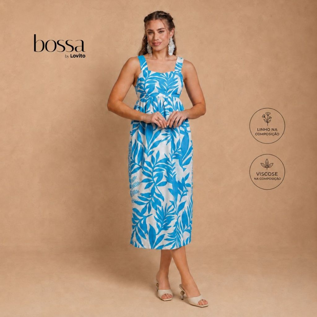 Lovito Bossa Vestido Feminino Midi Linho e Viscose Estampado DRB21262158 — imagem 2 de 2