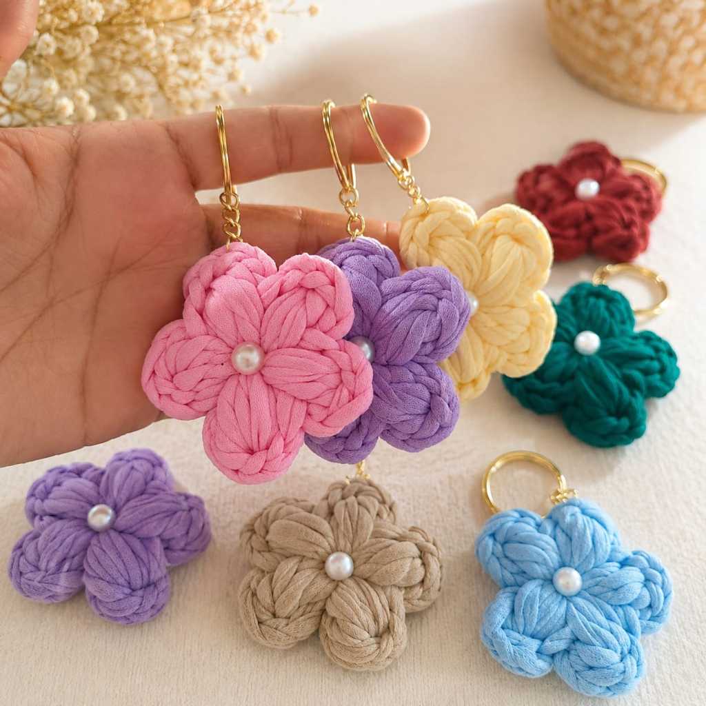 Chaveiros Flor em fio de malha premium, kits com 10, 20, 30 e 40 para Lembrancinhas e Mimos.