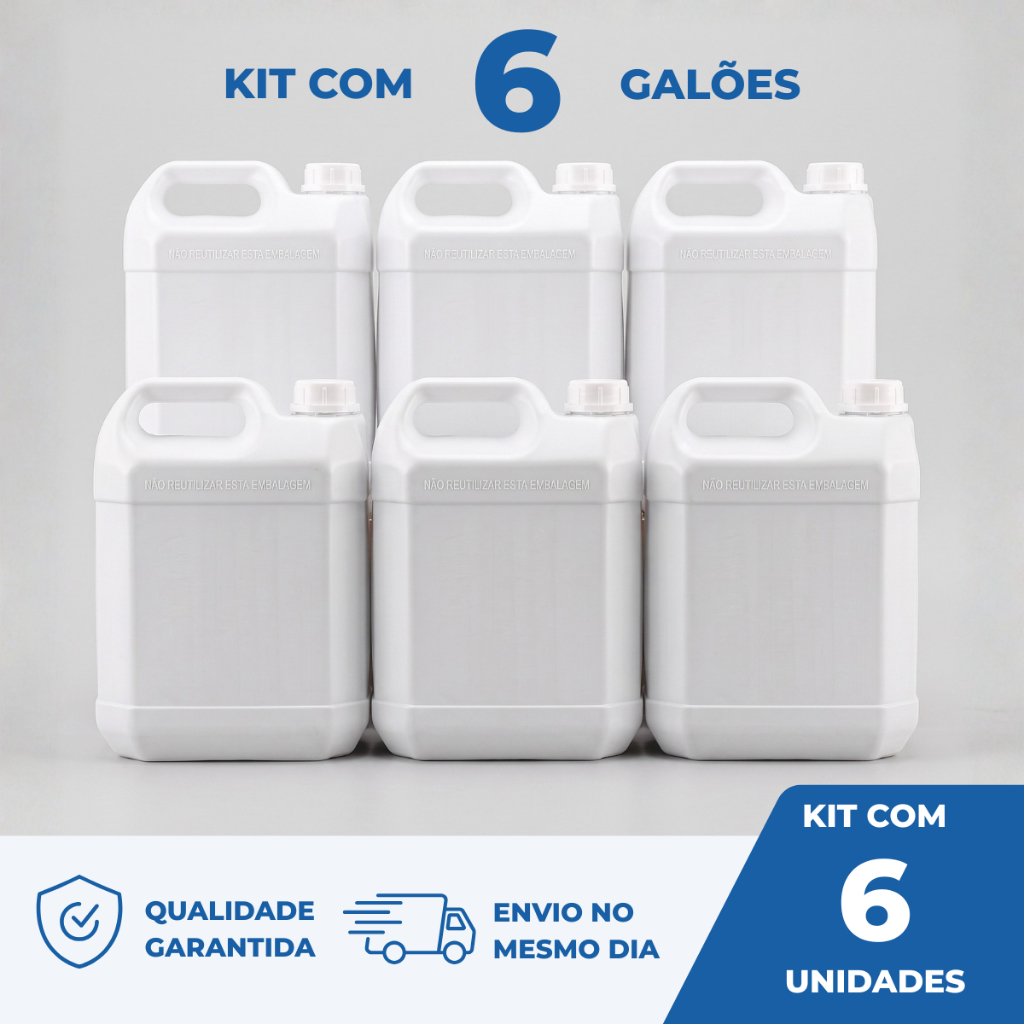 Kit 6 Galão Bombona Plástico 5L Branco Tampa Rosca Lacre Resistente Água Produtos Limpeza Químicos