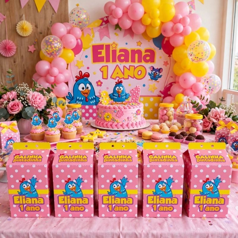 kit festa infantil 5 Caixinhas Milk + 5 Caixinhas Pirâmide Lembrancinha de Aniversário Personalizada Galinha Pintadinha