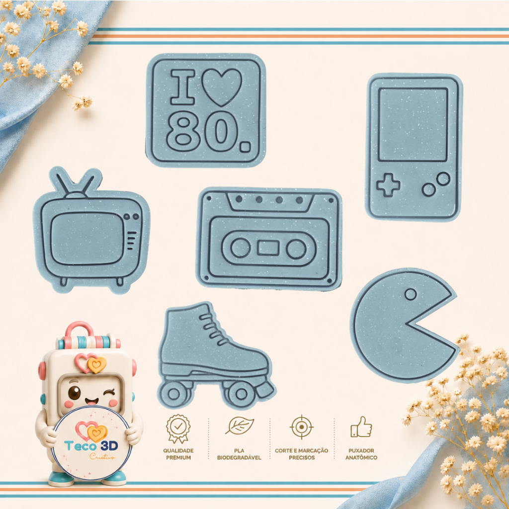 Cortador de Biscoito Anos 80 90 Fita K7 Patins TV de Tubo Game Boy Pac Man + Carimbo Bolacha Massinha Pasta Americana