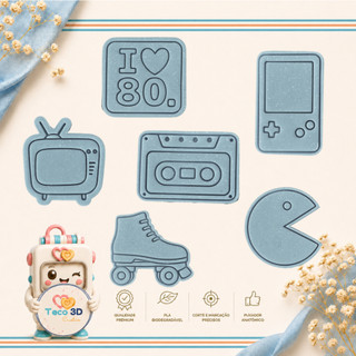 CORTADOR DE BISCOITO ANOS 80 90 FITA K7 PATINS TV DE TUBO GAME BOY PAC MAN + CARIMBO BOLACHA MASSINHA PASTA AMERICANA