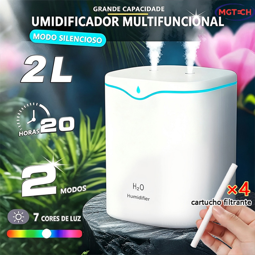 Imagem Umidificador Grande De Ar Aromatizador De Ambiente Com Bico Duplo 2000ml Difusor Elétrico Usb Led