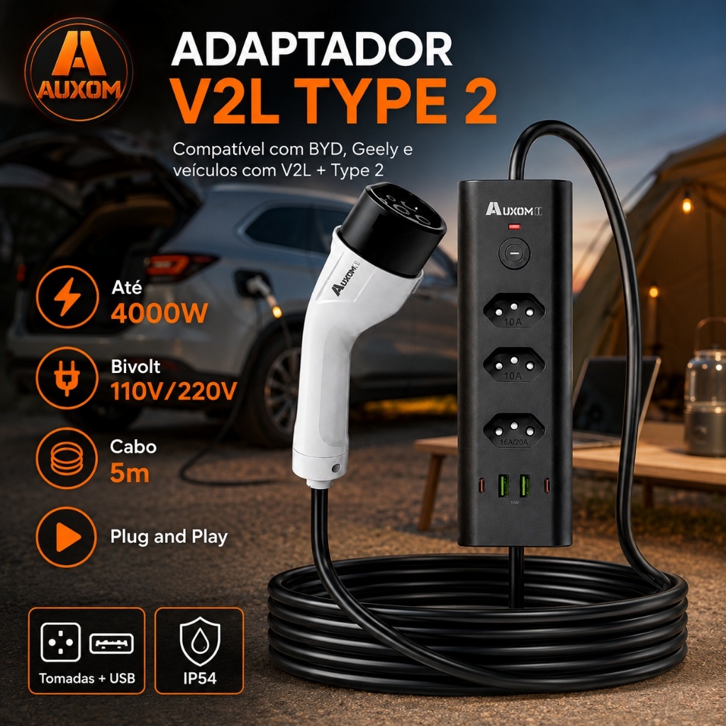Adaptador V2L AUXOM Type 2 4000W Bivolt 110V/220V Cabo 5m para BYD Geely e Veículos Compatíveis