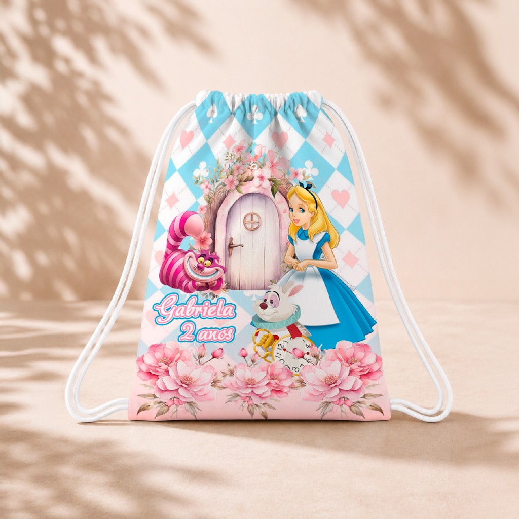 10 Mochila Personalizada Infantil 18x26 Sacolinhas Surpresa Festa Aniversário Lembrancinha Alice no pais das Maravilhas