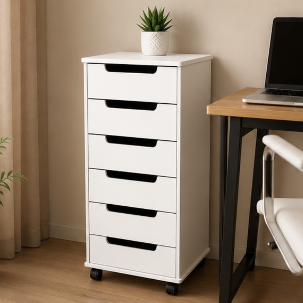 Gaveteiro MDF Branco 6 Gaveta Com Rodinha Organizador Escritório Home Office Arquivos Documentos Multiuso Compacto