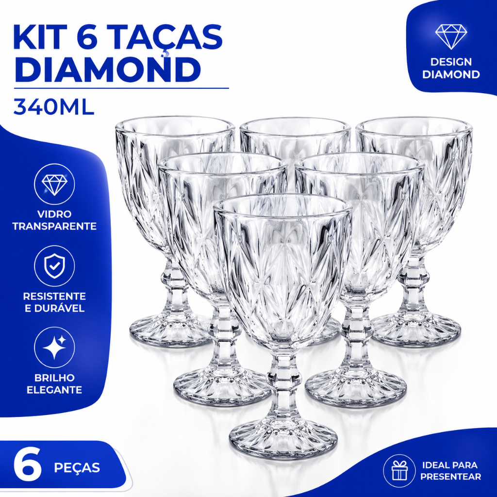 Jogo Taças Vidro 340Ml Diamond Bico Jaca Abacaxi Conjunto Taça Para Água Vinho Tinto Suco Diamante