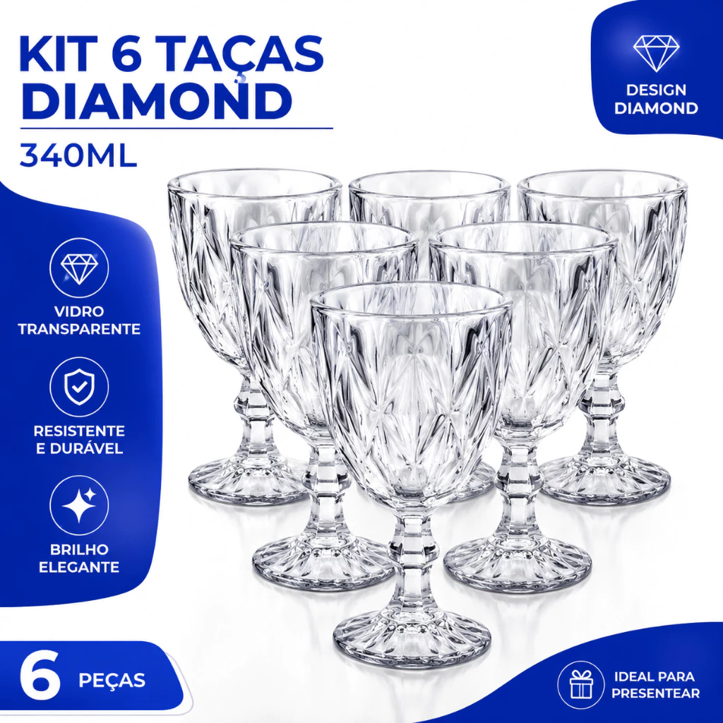 Jogo Taças Vidro 340Ml Diamond Bico Jaca Abacaxi Conjunto Taça Para Água Vinho Tinto Suco Diamante