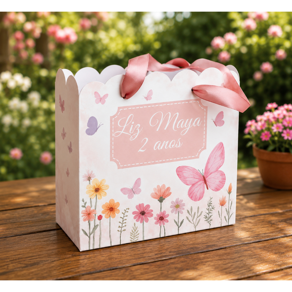 🎀 Sacolinha Personalizada Jardim de Borboletas – Lembrancinhas de Festa Infantil - PEGUE MONTE  🎀