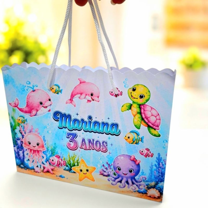 Sacolinha Fundo do Mar Aquarela Menina Lembrancinha Festa Infantil Personalizados Aniversário