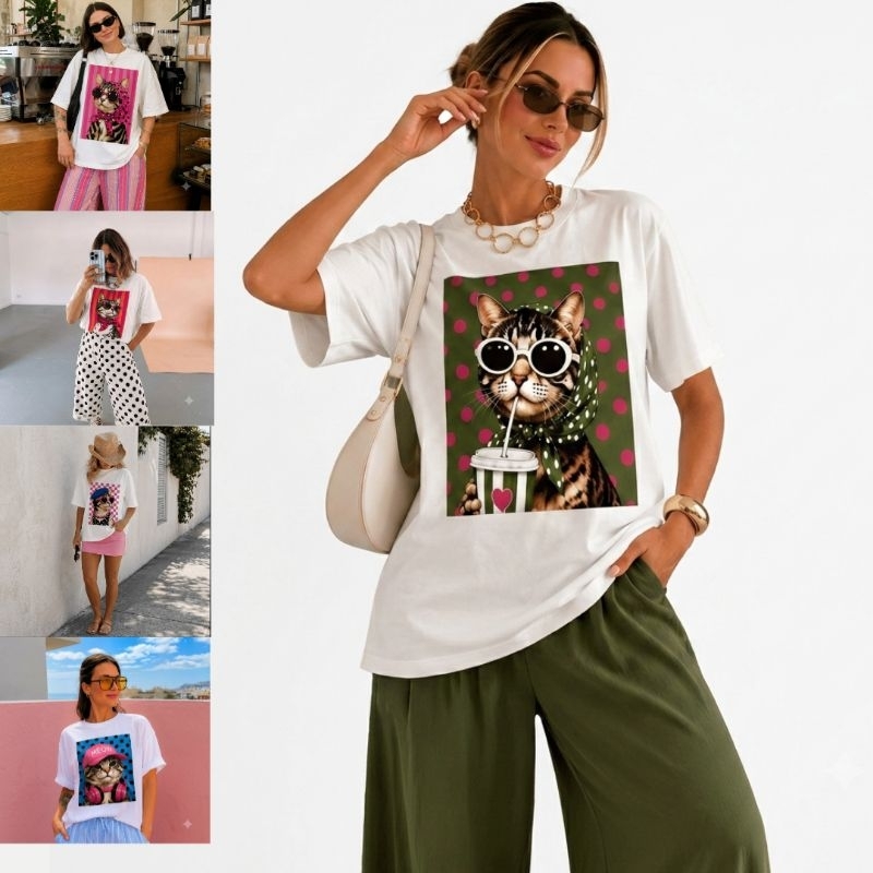 Camiseta Feminina Oversized Estampa Gatos | T-Shirt Casual Manga Curta | Diversas Estampas