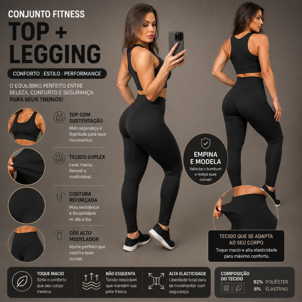Conjunto Fitness Feminino Top + Calça Legging Alta Compressão Academia Yoga Treino Fitness