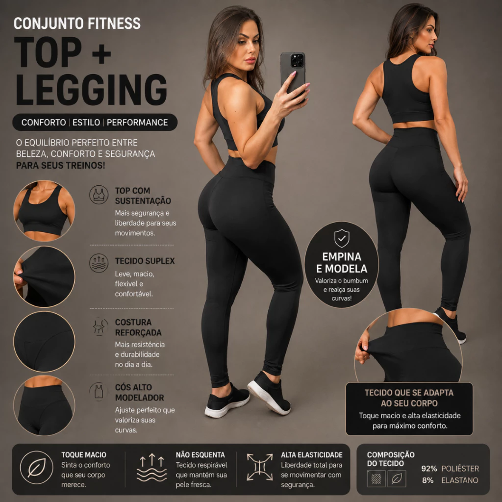 Conjunto Fitness Feminino Top + Calça Legging Alta Compressão Academia Yoga Treino Fitness