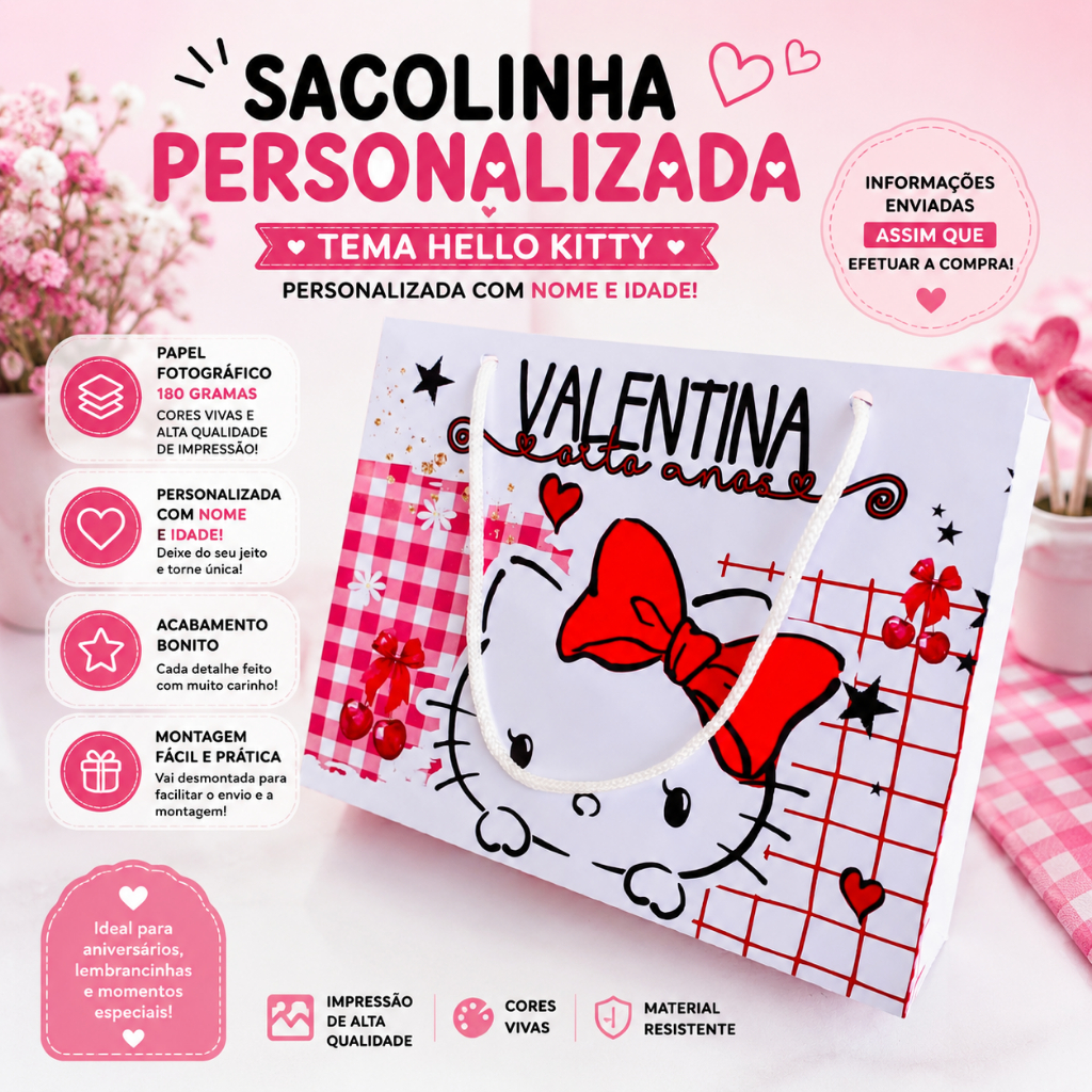 Sacolinha Personalizada Hello Kitty Vermelha – Lembrancinha de Aniversário | Pegue e Monte