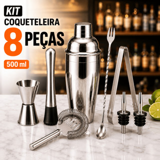 Kit 8 Peças Coqueteleira 550ml Inox Caipirinha Bartender Barman Bar Drink Coquetel Shaker Profissional