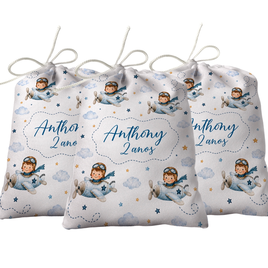 Sacolinha Lembrancinha Festa Aniversário Surpresa Tecido Personalizado Menino Aviador Aquarela