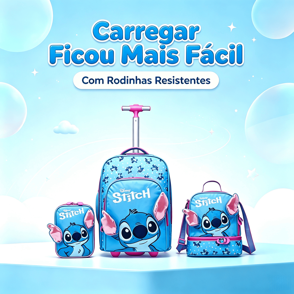 Kit Escolar Stitch Mochila Rodinha Lancheira Estojo Infantil Disney