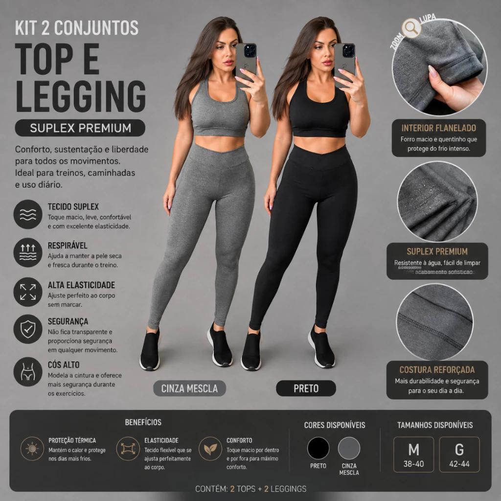 Kit 4 Peças Conjunto Femenino 2 calça feminina + 2 cropped feminino Legging Suplex Alta Compressão