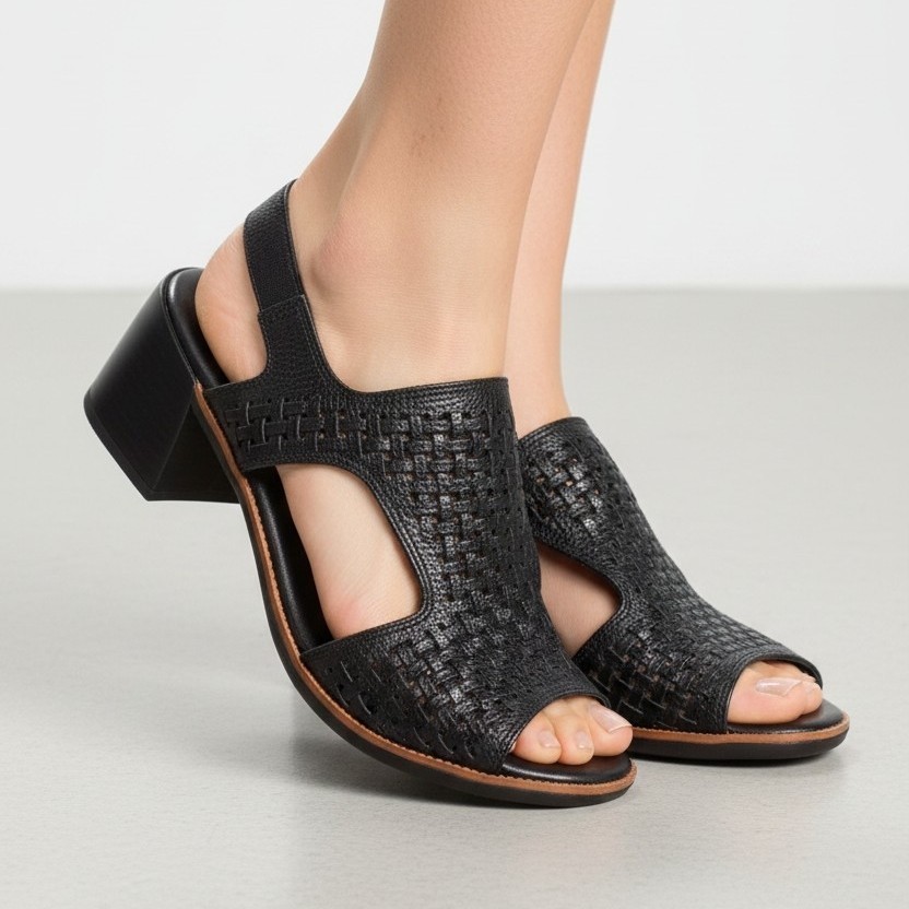 Sandália Feminina Couro Floater Laser Preta Salto Bloco 5cm Confortável Antiderrapante Palmilha Comfort Plus Super Macia