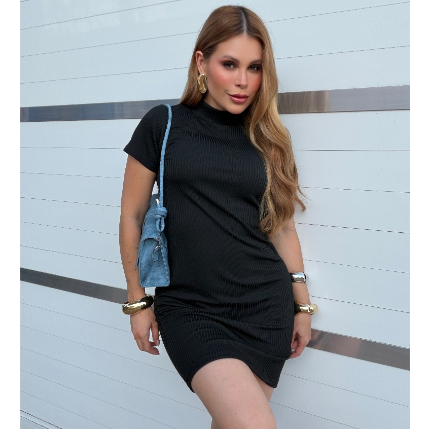 Vestido Feminino Canelado Gola Alta Tubinho Justo Moda Blogueira Premium Coladinho Confortável