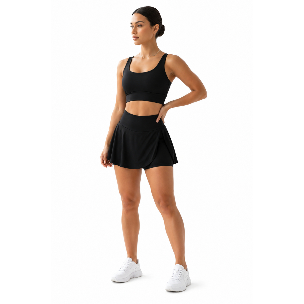 Conjunto Feminino Treino Academia Fitness Com Shorts Saia e Top Nadador Preto Nao Fica Transparente Moda Verão Academia