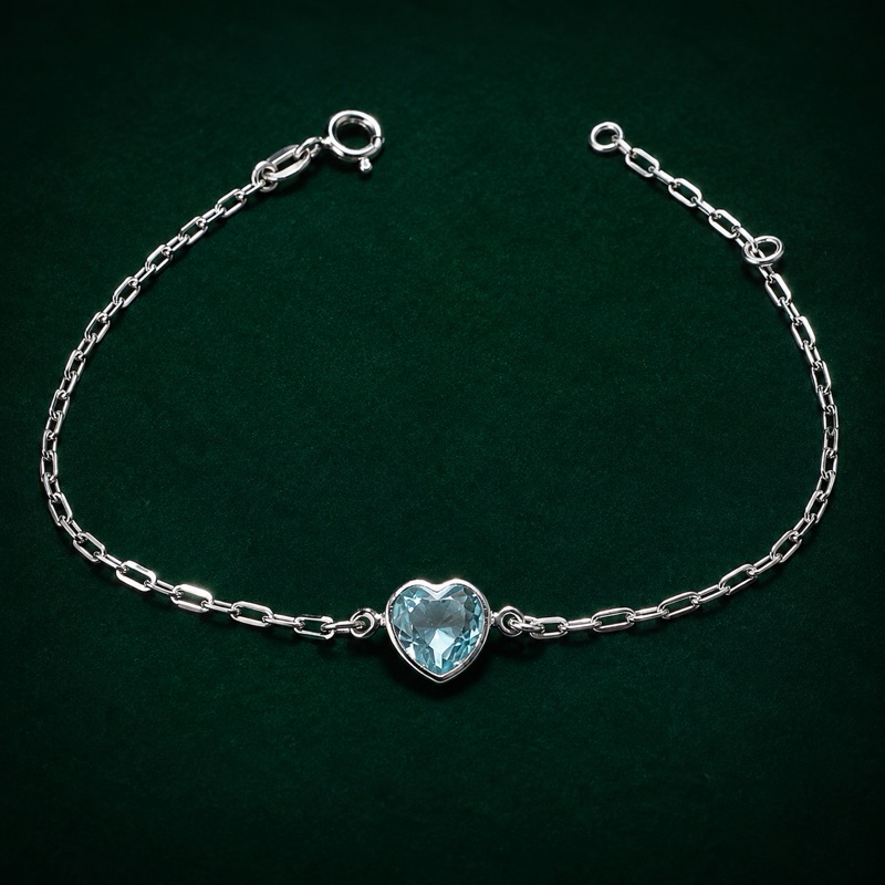 Pulseira Feminina Coração Azul Claro Prata 925 Sofisticado