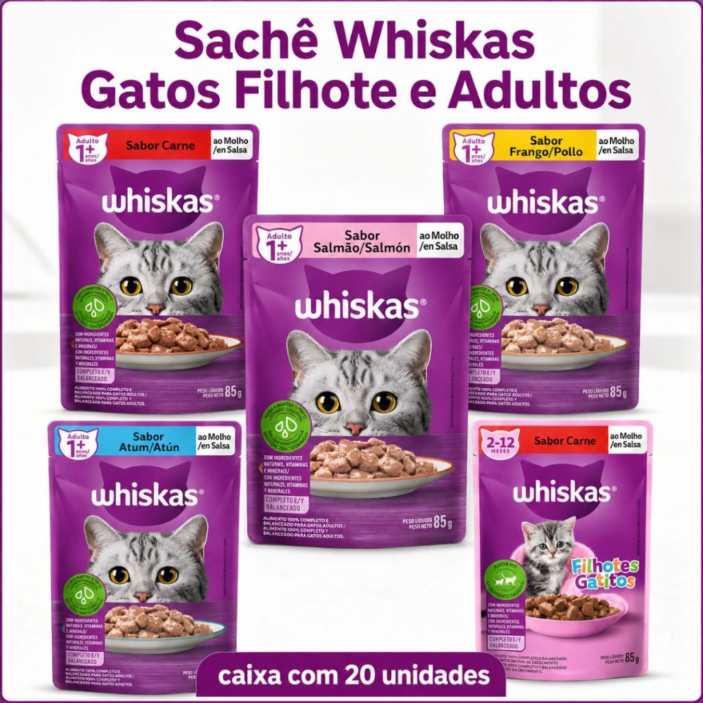 Pack 20Un Ração Úmida Whiskas Gatos AD Sabor Carne Sachê 85g