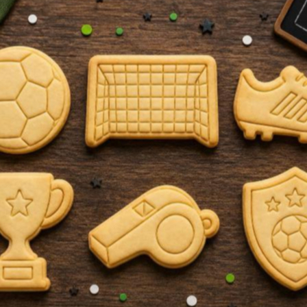 Kit com 6 Cortadores Fut e marcadores de Biscoito Futebol 3D Kit com 6 Modelos – Copa do Mundo 2026