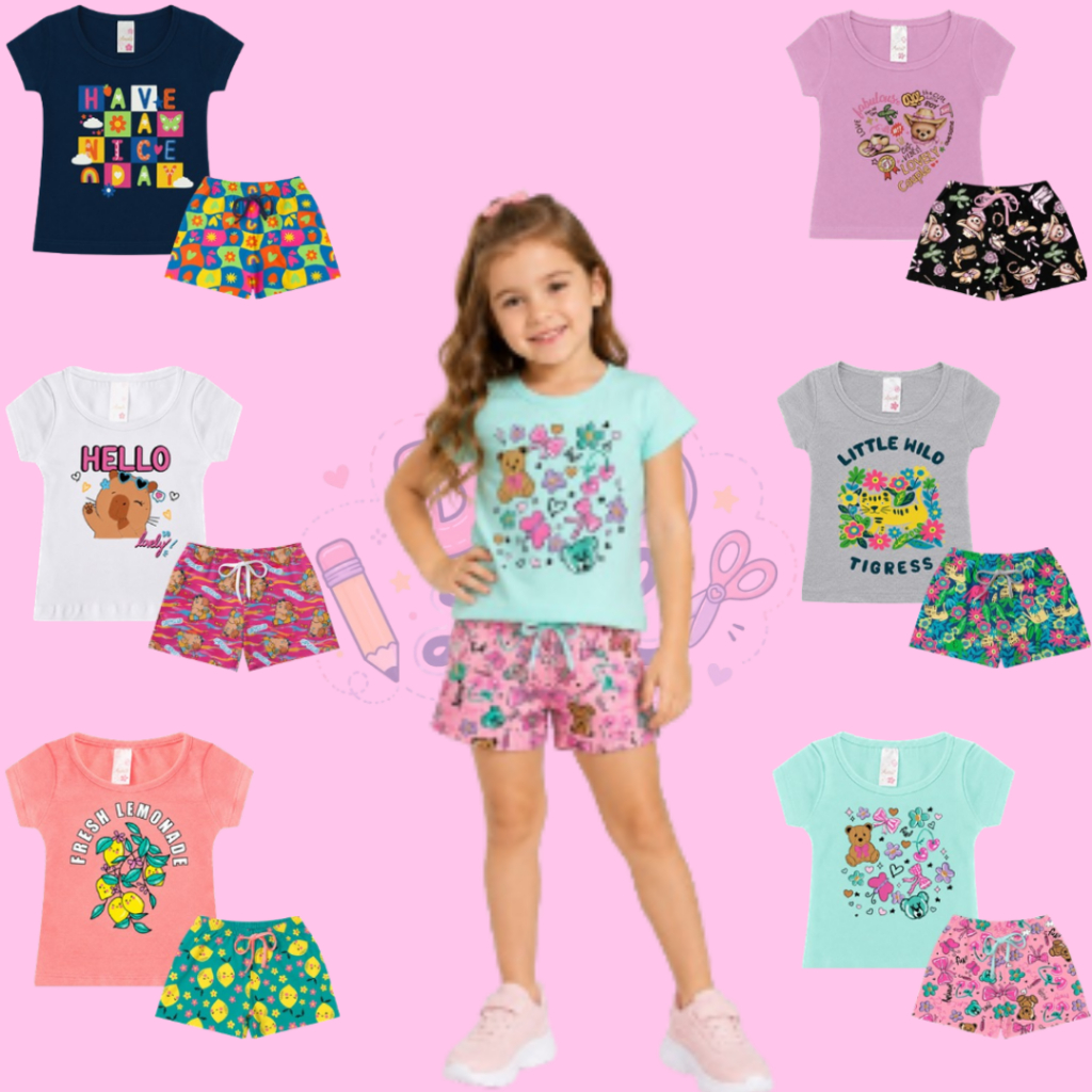 Kit 3 Conjuntos Infantil Feminino Blusa Baby Look Estampada + Shorts com Cordão 1 ao 8 Estampa Sortida