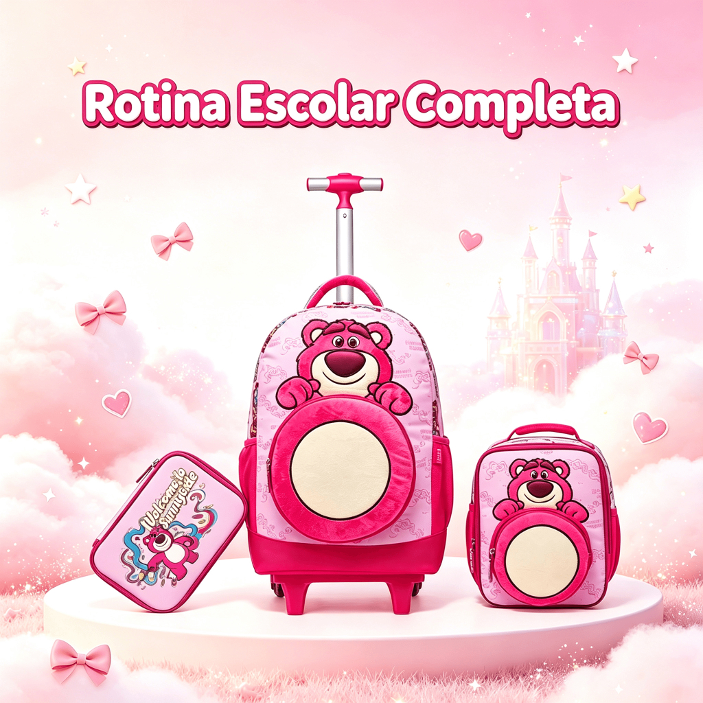 Kit Mochila Infantil Rodinha Lancheira Estojo Lotso Toy Story Espaçosa Disney