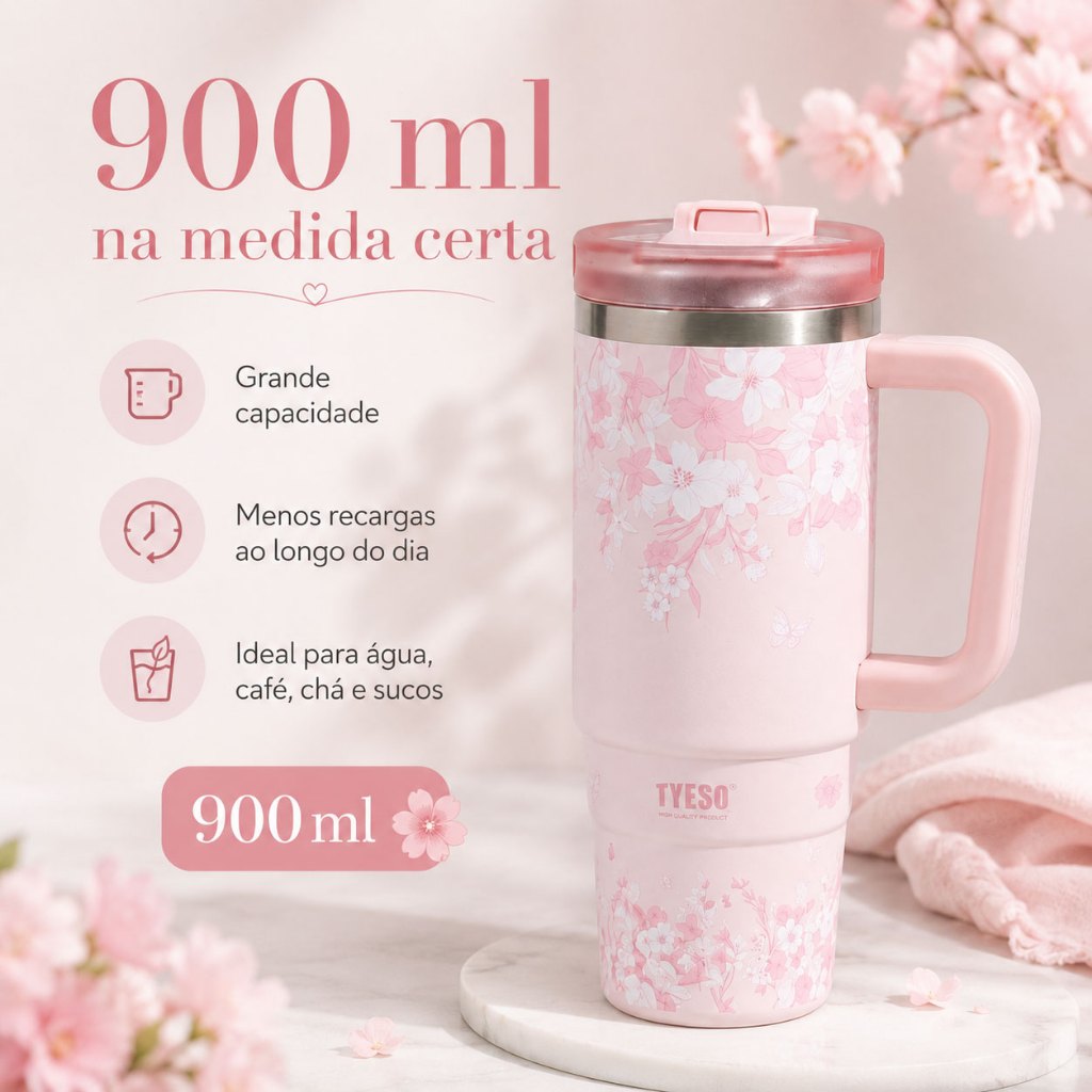 TYESO Copo Térmico Floral 900ml Aço Inox SUS304 Com Alça e Canudo Retrátil Mantém Quente e Frio Para Carro