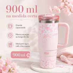 TYESO Copo Térmico Floral 900ml Aço Inox SUS304 Com Alça e Canudo Retrátil Mantém Quente e Frio Para Carro
