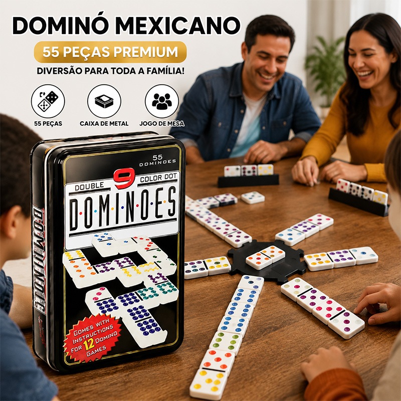 Jogo De Dominó Mexicano 55 Peças Premium Com Caixa Metal Peça Central E Trem