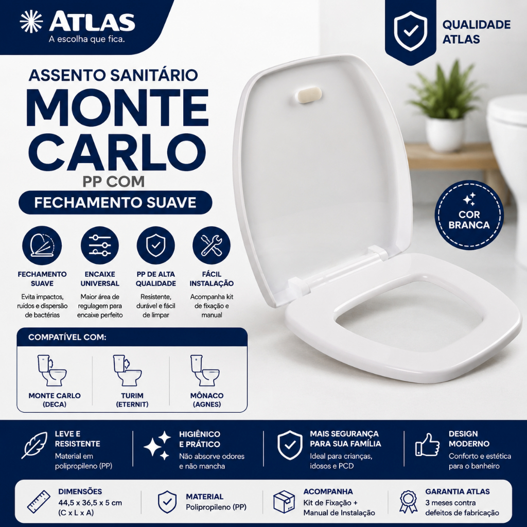 Assento Sanitário PP Com Fechamento Suave Monte Carlo Atlas