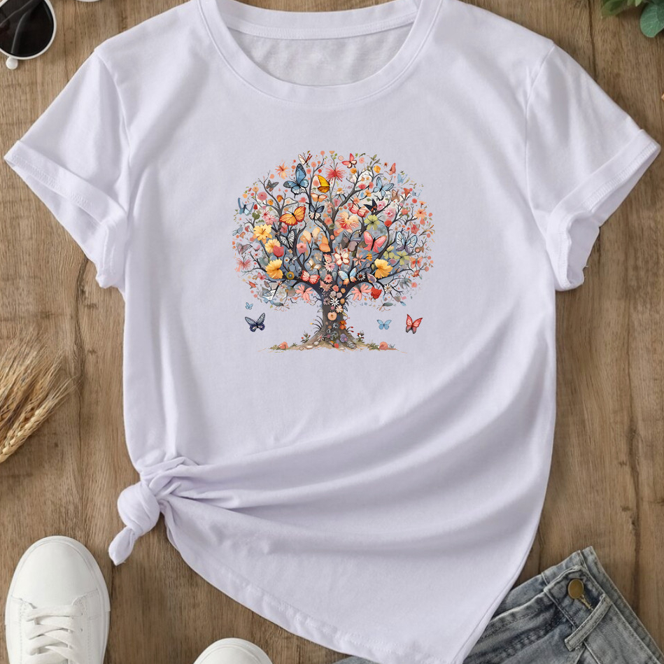 Camiseta T Shirt Feminina Estampada Árvore de Borboleta 100% Algodão Premium Estilosa Confortavel