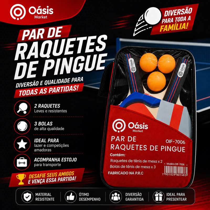 Kit Ping Pong Madeira Profissional Tênis de Mesa Oásis 2 Raquetes 3 Bolas Doméstico Treino