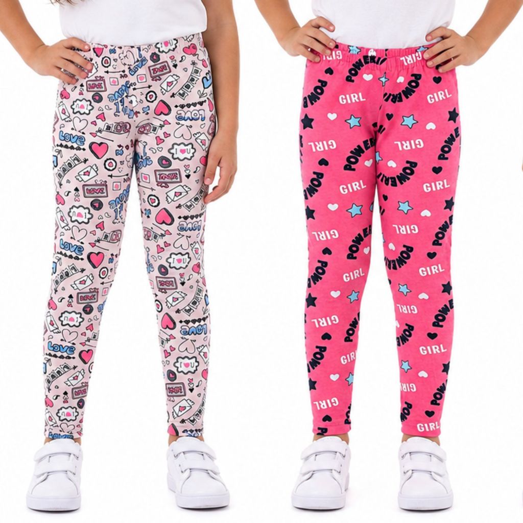 Kit 2 Leggings Infantil Feminina Estampada Tamanho 01 ao 14 Cós Elástico Confortável - Envio Sortido