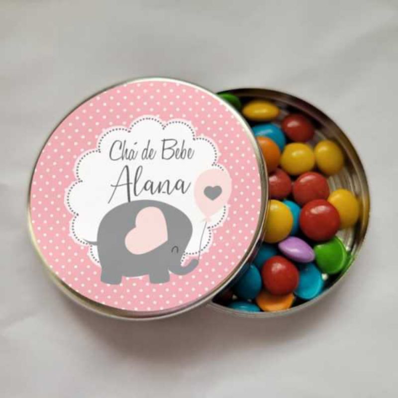 Lembrancinha Latinha Personalizada com Chocolate M&M | Chá de Bebê Maternidade Aniversário Infantil